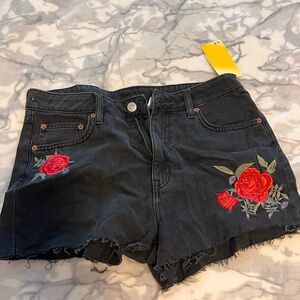 H&M Black and Red Jean Shorts with Embroidery and Distressing